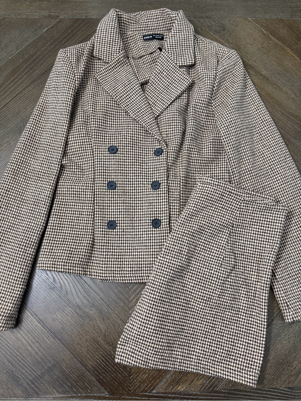 SHEIN Brown & Cream Houndstooth Double-Breasted Blazer